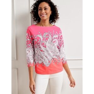Talbots Bateau Neck Tee Filigree Paisley Size MP‎ Pink Stretch Preppy Colorful
